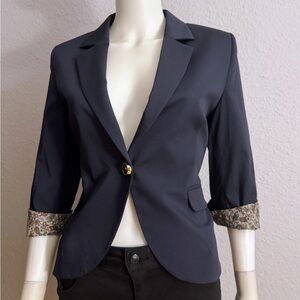 NWOT WOMEN BLAZER‎ NAVY BLUE JACKET 3/4 SLEEVES ONE BUTTON NOTCHED COLLAR LINED